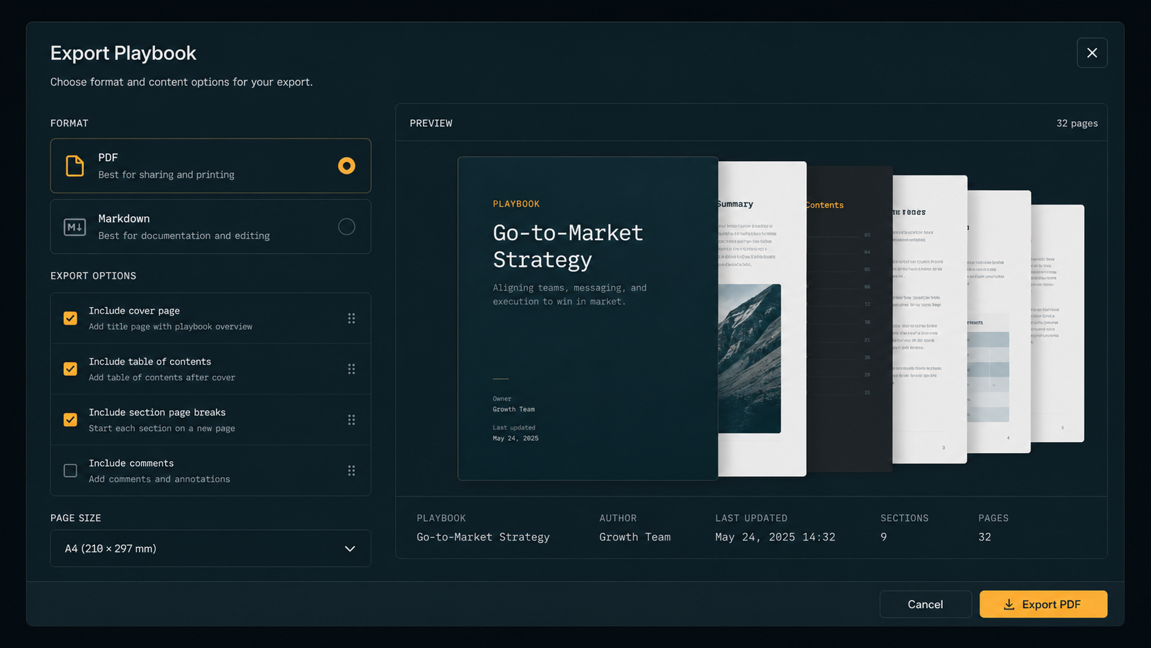 Playbook PDF export panel with a document preview and download control.