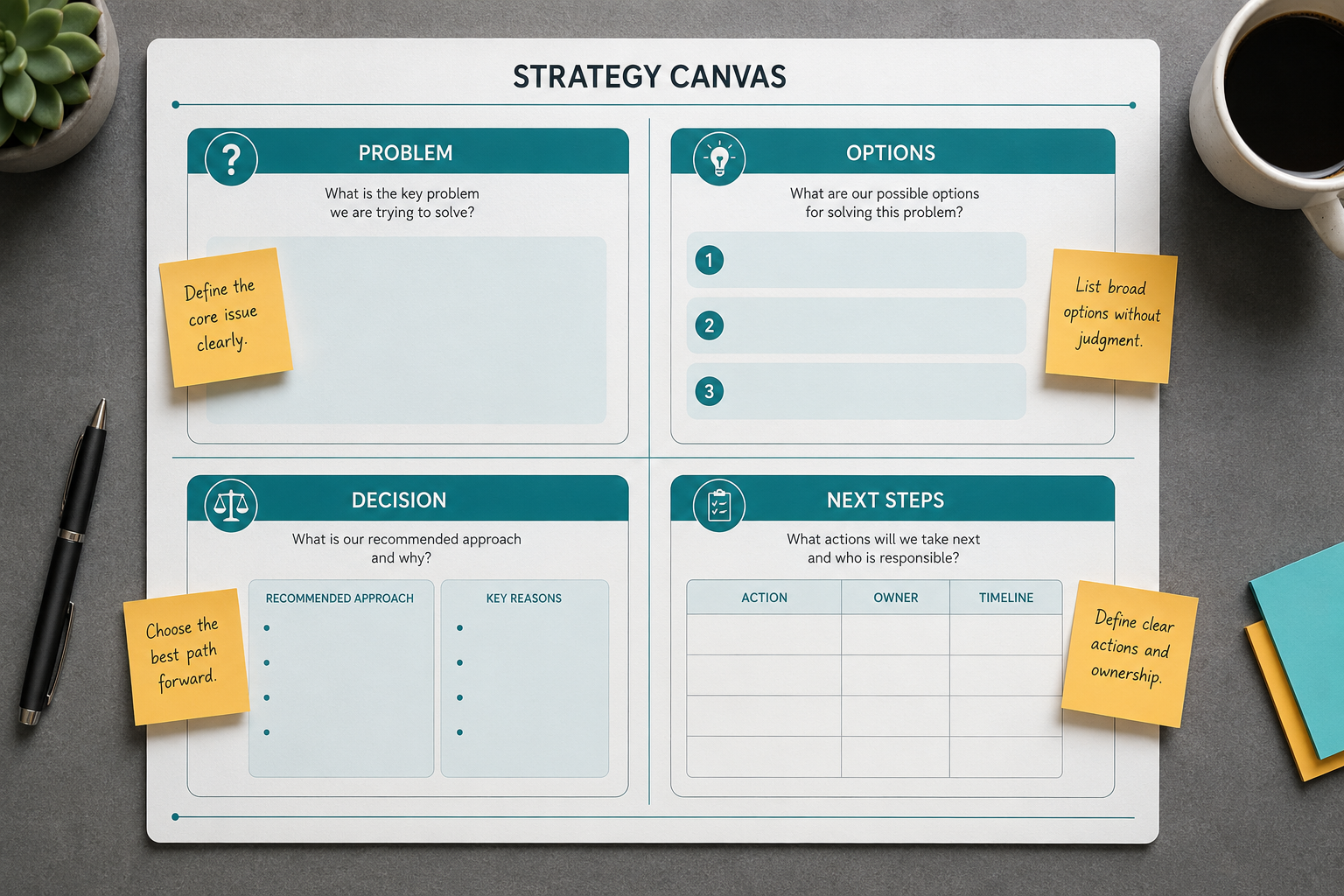 One-page strategy canvas with labelled quadrant blocks.
