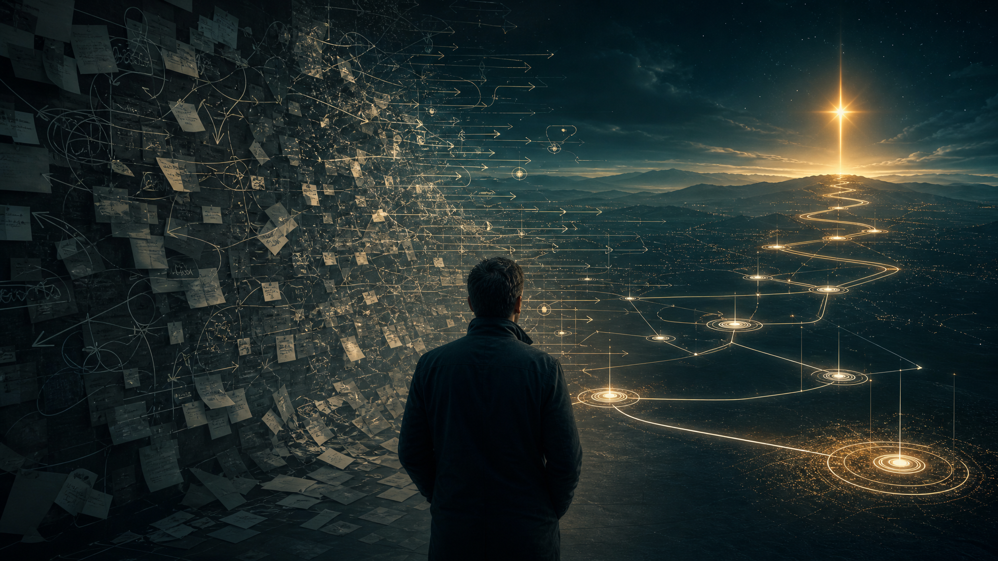 A wall of chaotic sticky notes resolving into a clear, luminous roadmap under an amber north star.