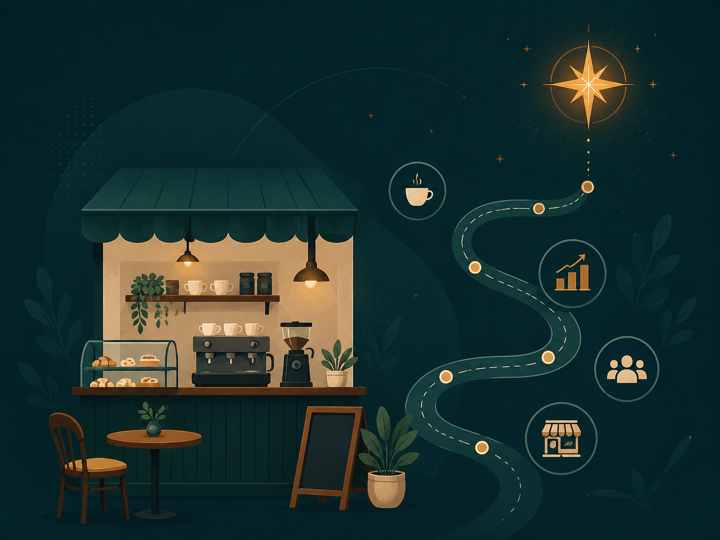 Illustrative cafe and hospitality planning thumbnail with a roadmap overlay in teal and amber.