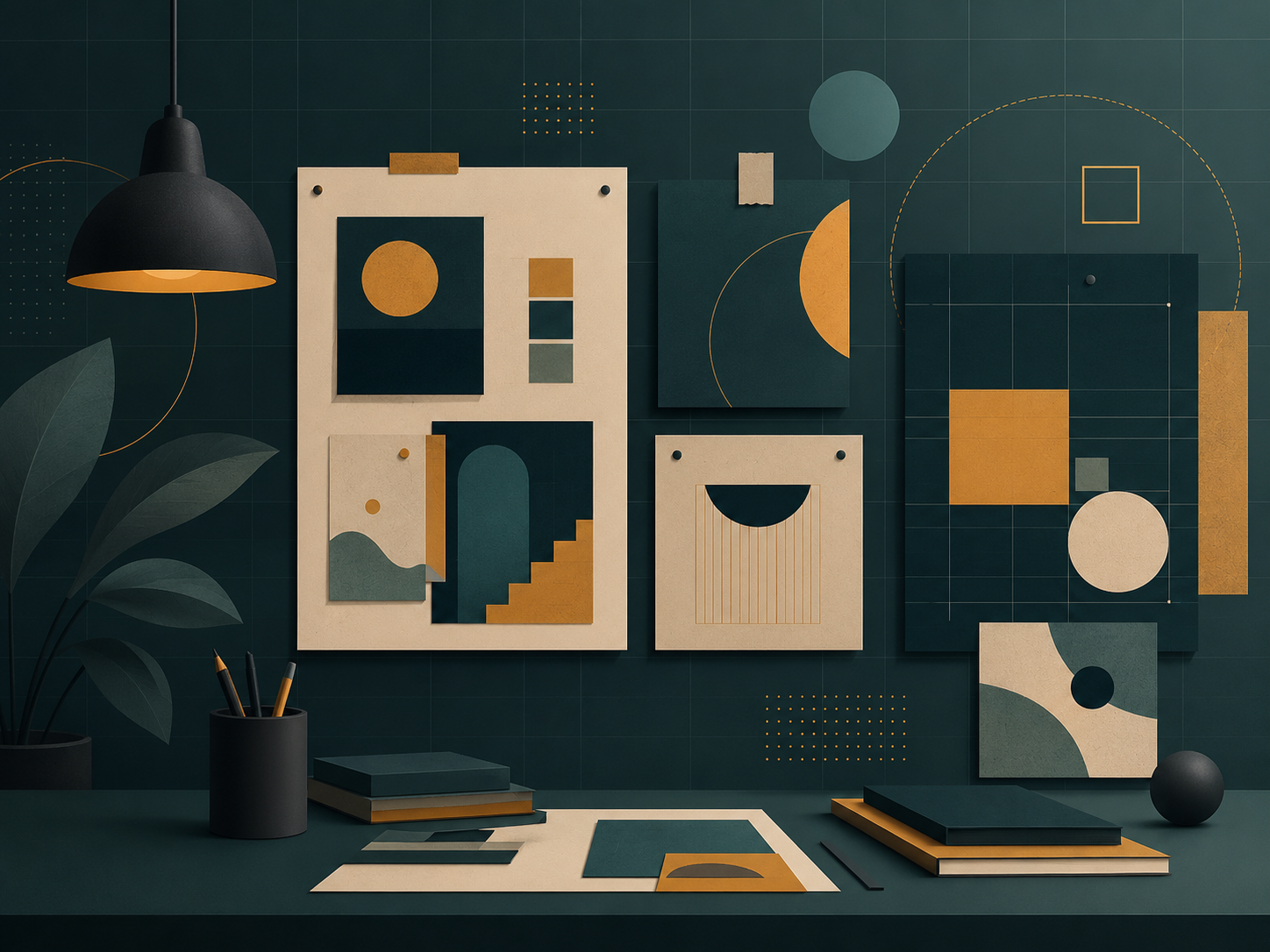 Illustrative creative studio planning thumbnail with a decision matrix motif in teal and amber.