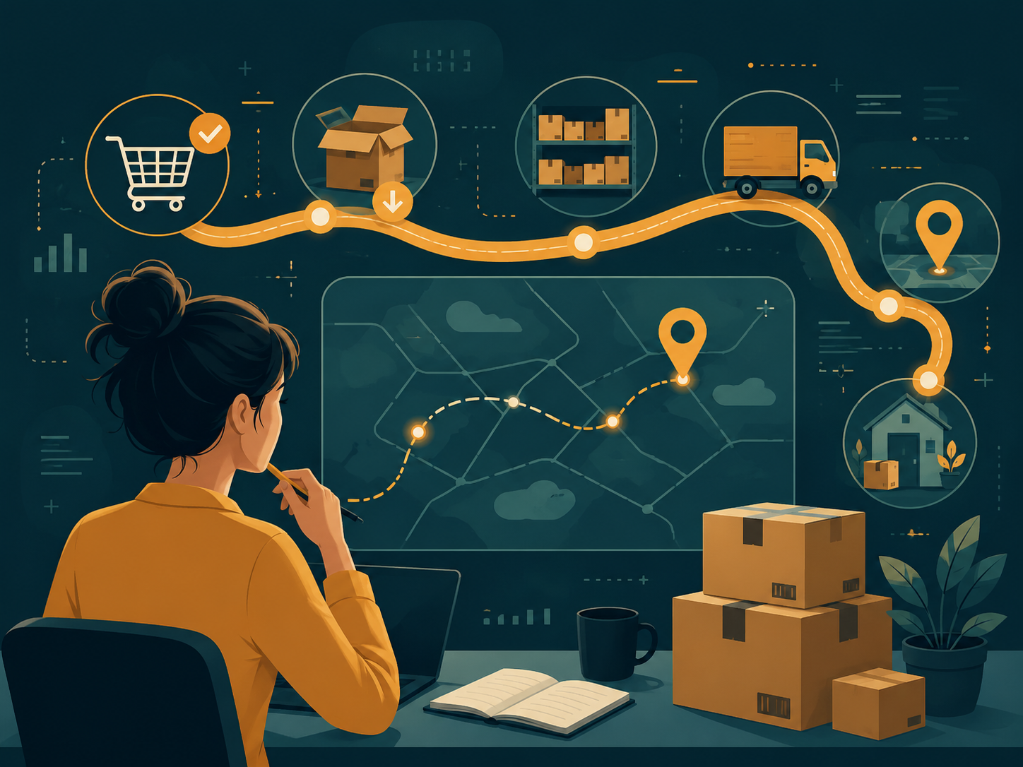 Illustrative online store planning thumbnail with an order-flow overlay in teal and amber.
