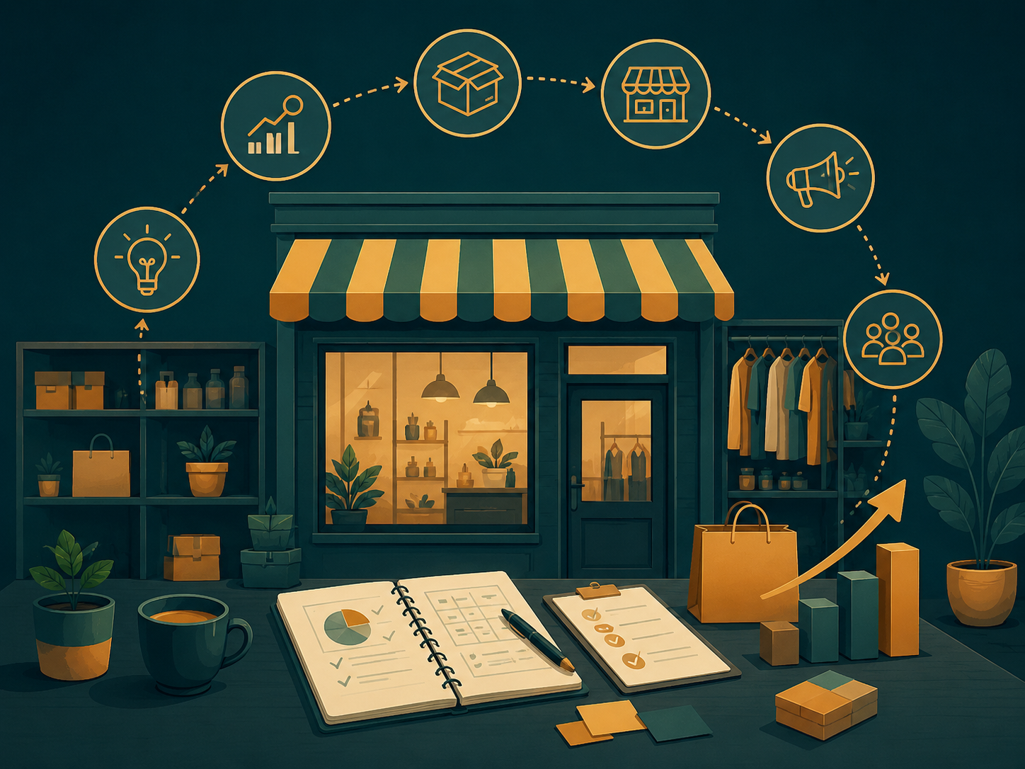 Illustrative independent retail shop planning thumbnail with a process-flow overlay in teal and amber.