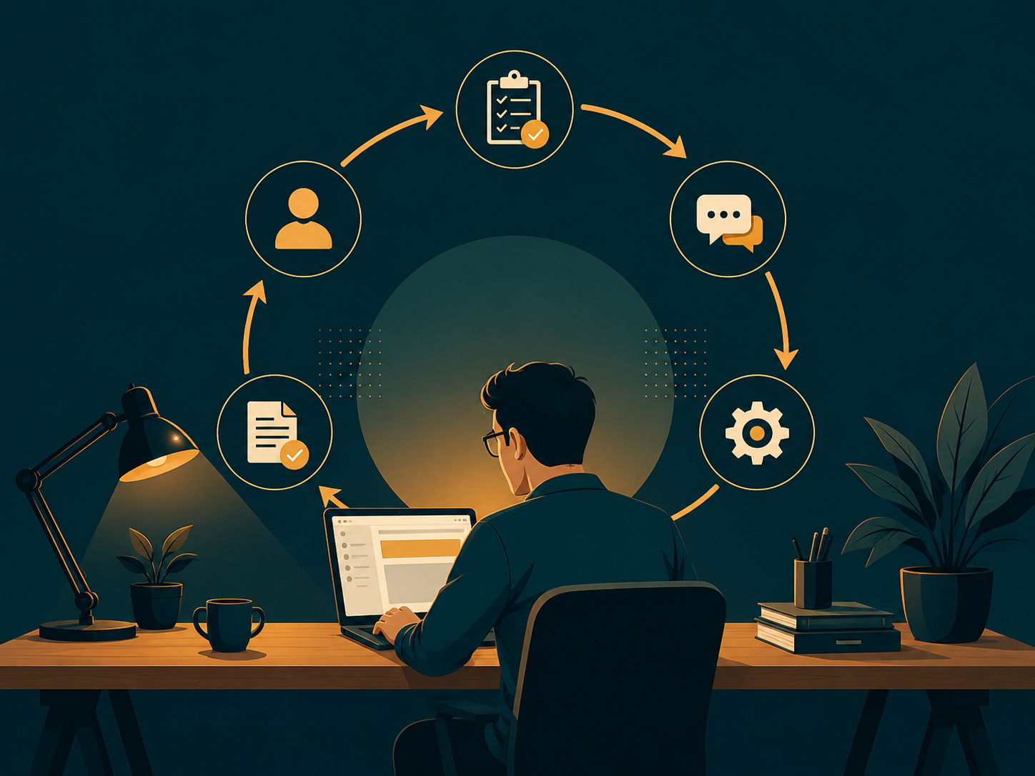 Illustrative solo consultant workflow thumbnail with a repeatable process loop in teal and amber.