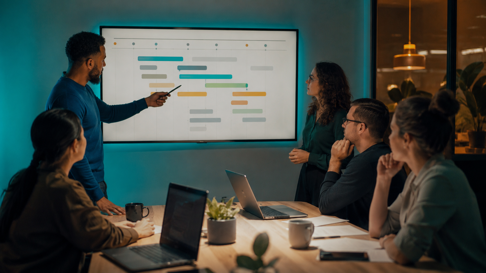 A small team gathered around a screen at a project kickoff, pointing at a roadmap.